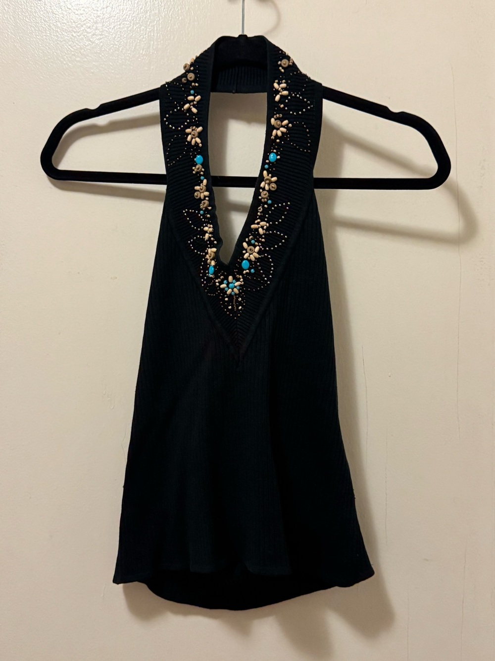 Beige by eci Black Halter Tank with Turquoise and Gold Accents